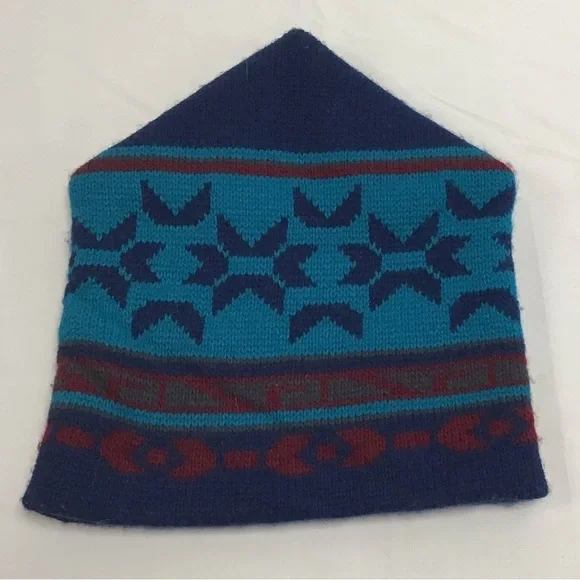 Vintage Geometric Blue and Red Knit Beanie - Picture 2 of 3